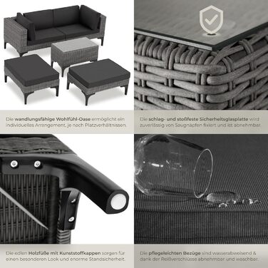 Тектейк® Садовий лаунж з ротангу, набір меблів для саду на 5 місць, модульний, з кутовим кріслом, пуфом, столиком, сірий, з подушками для сидіння та спинки