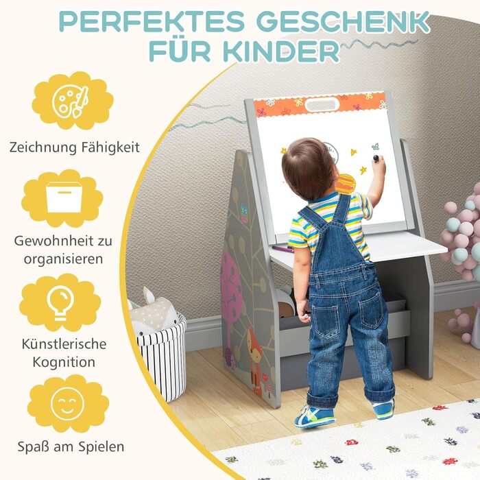 Дитячий набір 3 в 1 Dreamade: стіл, стільчик, книжкова полиця та контейнер, з магнітною дощечкою, сірий