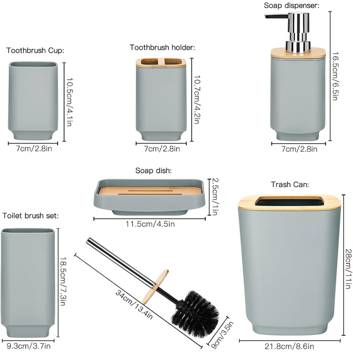 Набір аксесуарів для ванної кімнати JOTOM з бамбука 6 предметів, сучасний дизайн, сірий - дозатор для мила, тримач для зубних щіток, чашка для зубів, мильниця, щітка для унітазу, відро для сміття