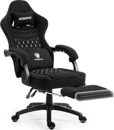 Ігровий крісло Dowinx з тканини та кишеньковим пружинним сидінням, крісло для геймерів з масажем та підголівником, ергономічне гоночне крісло з підніжкою, чорний колір, висувна підніжка