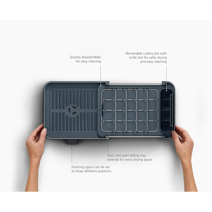 Сушарка для посуду Joseph Joseph Extend Slim з нержавіючої сталі, висувна, компактна, з підставкою для столових приборів та поворотним зливом, сіра