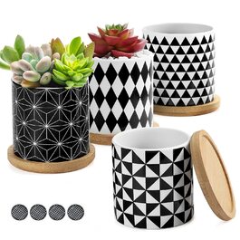 4 шт. горщики для сукулентів Coolty, кераміка, 7 см, міні-кактуси, геометричний дизайн, з підставкою та бамбуковим піддоном для декору