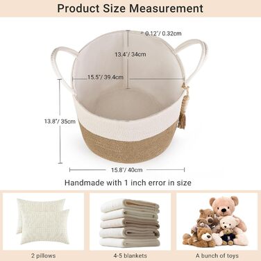 Кошик для білизни Mkono з натурального сизалю, плетений декоративний кошик для зберігання речей, жовто-білий, 40.6 x 35 см