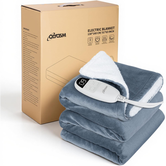 Електрична гріюча ковдра 160x130 см з автовимкненням, 9 режимів нагріву та таймером. Захист від перегріву, пральна, тепла ковдра для дому та офісу сірого кольору 160x130 см