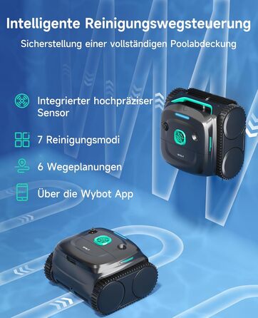 Робот-прибиральник для басейну WYBOT C2: акумуляторний, для вбудованих басейнів до 150㎡, подвійне фільтрування, потужний мотор, чищення дна та стін, 180 хв роботи, керування через додаток (чорно-зелений-сірий)
