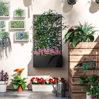 Підвищене грядка з захисним екраном, шпалерною решіткою, метал, чорний