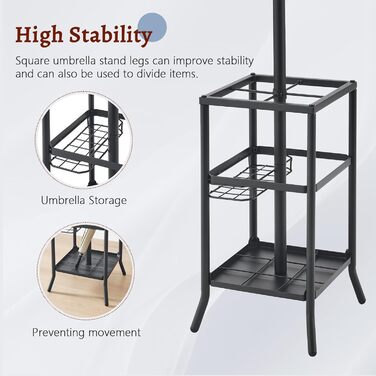 Настінна/підлогова вішалка для одягу FAVOOSTY з підставкою для парасольки, 12 гачків, срібна/чорна