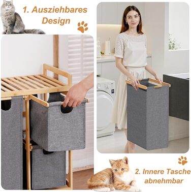 Кошик для білизни iEGrow з 4 відділеннями, 150л, бамбуковий візок для білизни з полицею, місткий кошик для брудної білизни з оксфордської тканини (сірий)