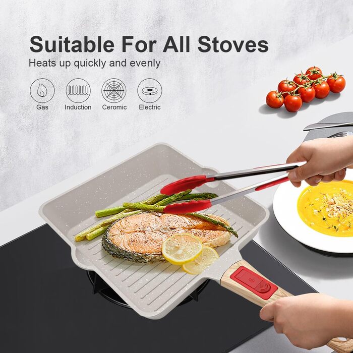 Сковорода-гриль AIKENBBKK 24x24 см з знімним ручками, антипригарне покриття, для стейків, сумісна з духовкою, миється в посудомийній машині (біла)