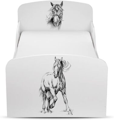 Дерев'яне ліжко Leomark з функціональністю - дитяче ліжко з матрацом, бортиками та ламелями, розмір спального місця 70/140 см, принт UV (Мій кінь)