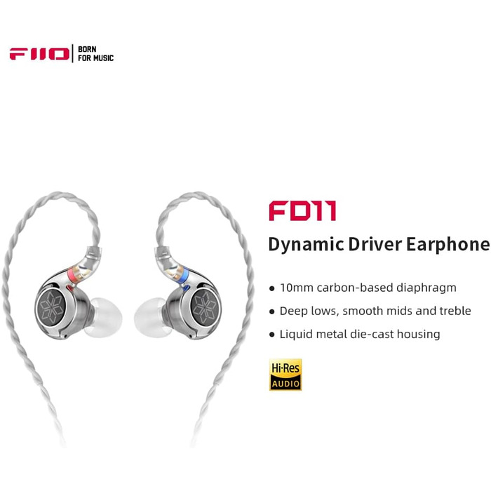 Навушники FiiO FD11, IEM, динамічний драйвер, знімний кабель, штекер 3,5 мм, глибокі баси (сріблястий)