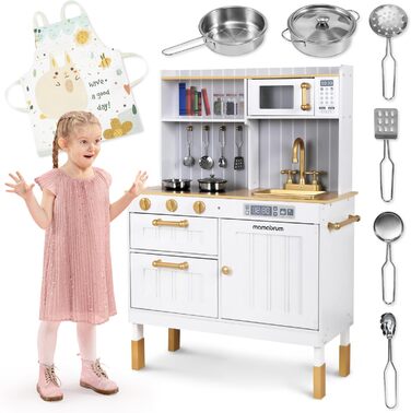 Дерев'яна дитяча кухня Mamabrum з LED-підсвічуванням - іграшковий кухонний набір з висотою, що регулюється, з приготуванням кубиків льоду, мікрохвильовою піччю, плитою та посудомийною машиною - іграшка для дітей від 3 років (Білий)
