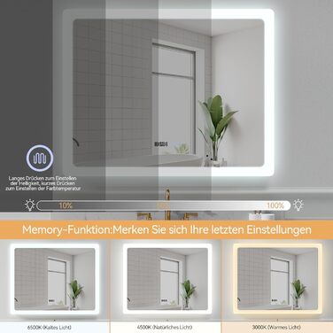 Дзеркало для ванної кімнати YU YUSING з підсвічуванням 80x60 см, LED, 3 кольори світла, регулювання яскравості, антизапар, сенсорне управління, таймер, скло, IP44