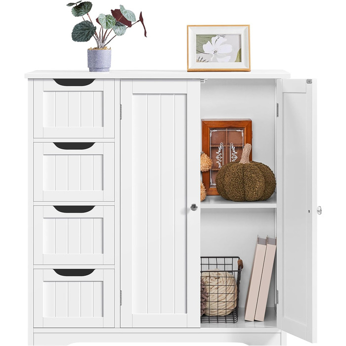 Шафа для ванної кімнати Yaheetech з 4 висувними ящиками та 2 дверцятами, тумбочка для ванної кімнати, шафа для підлоги, з регульованою полицею, для ванної кімнати, вітальні, коридору, кухні, білий, 81 × 30 × 83 см