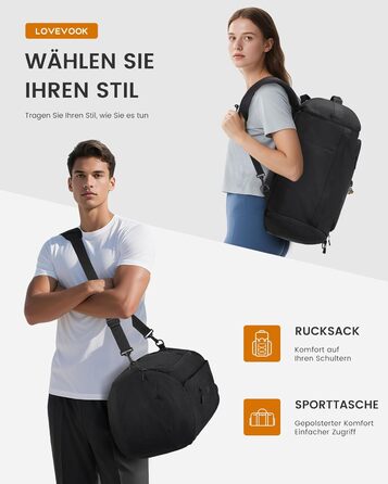 Спортивна сумка LOVEVOOK для жінок та чоловіків, велика сумка для тренувань та подорожей, 45L, з відділенням для взуття та мокрих речей, водонепроникна, з функцією рюкзака, чорна (51x28x32 см)