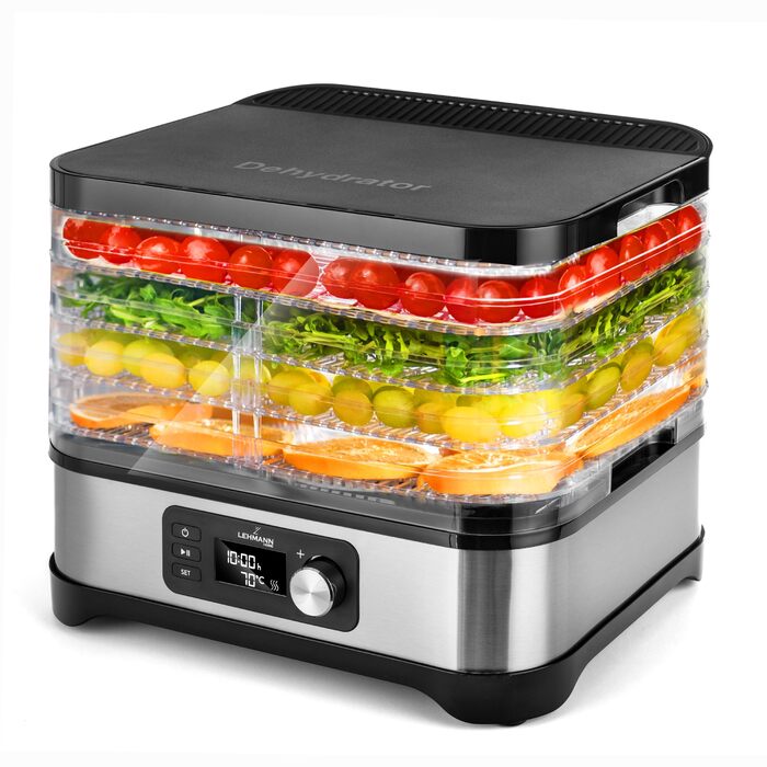 Електричний дегідратор Lehmann для сушіння продуктів з нержавіючої сталі, 450W, 5 рівнів, регулювання температури 35-70°C, для фруктів, грибів, м'яса, трав, без BPA