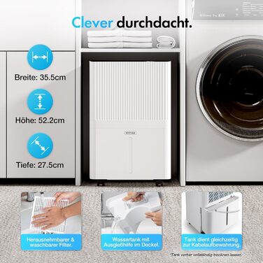 Електричний осушувач повітря VonHaus 12L/24h - для підвалу та приміщень до 125 м³, з таймером та гофрованим шлангом - захист від вологи та плісняви