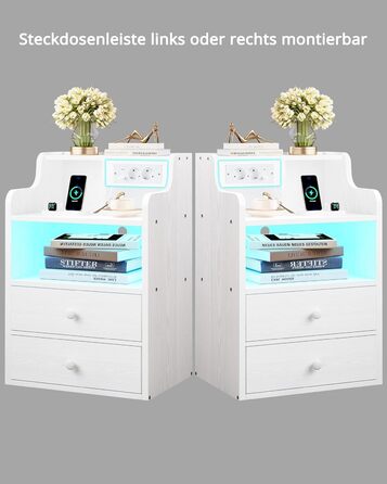 Нічний столик IRONCK з LED-підсвіткою, розеткою та функцією зарядки, з ящиками, білий.