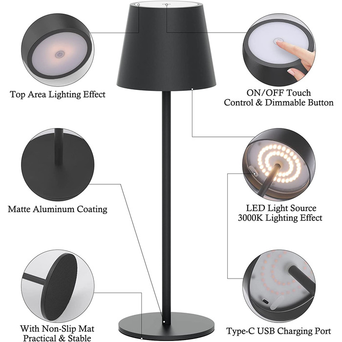 Klighten 2 шт. LED бездротові диммерні настільні лампи Anthrazit, перезарядна лампа USB-C для дому та вулиці, тепле світло 3000K, алюміній, IP54 вологостійка, антрацит