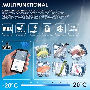 KESSER® Холодильник-морозильник компресорний 52 л з APP-керуванням, USB, 12/24/230V, телескопічна стійка, 2 колеса, охолодження до -20°C для авто, вантажівки, човна
