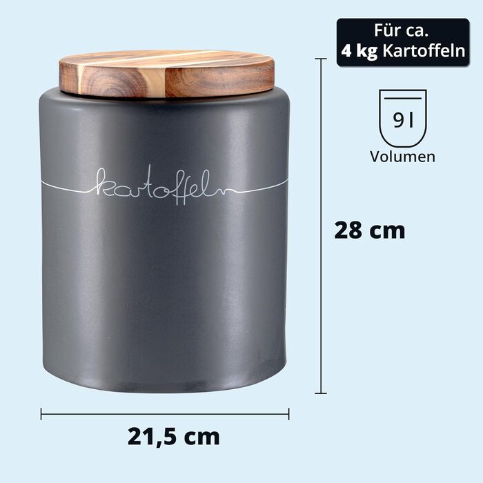 Контейнер для картоплі KHG, кераміка, сірий антрацит з дерев'яним кришкою, 4 кг, з маркуванням, висота 28/21,5 см