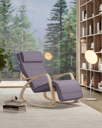 Крісло-гойдалка SONGMICS з підлокітниками з натурального дерева, регульована підставка для ніг, до 150 кг, для спальні/вітальні, темно-натуральний колір (сірий + натуральний, бавовна/поліестер)