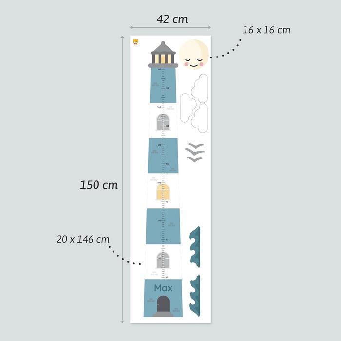 Персоналізована вимірювальна паличка як настінне татуювання для дитячої кімнати Для вимірювання висоти до 160 см Включаючи індивідуальну персоналізацію - синій маяк