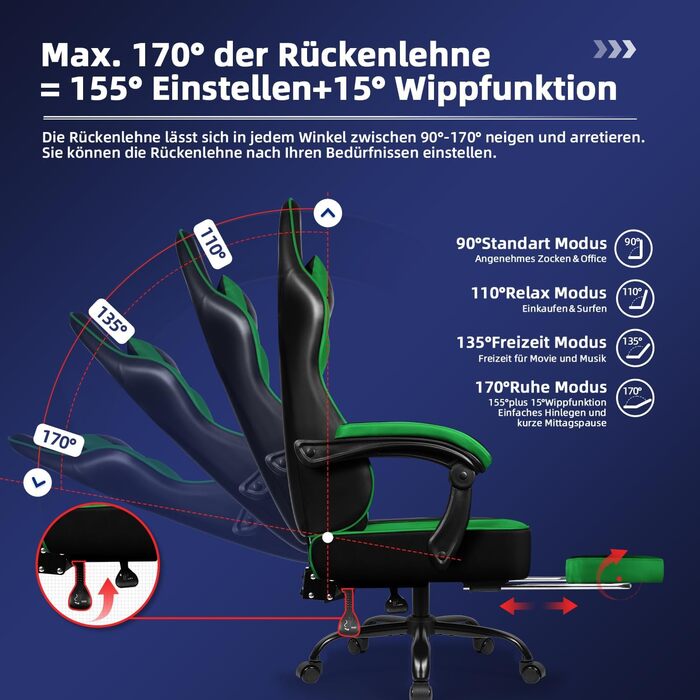 Ігровий крісло, офісне ергономічне крісло з телескопічною підніжкою, підголівник та поперекова підтримка, регульоване та поворотне, 150 кг, зелений