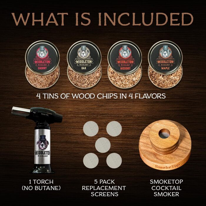 Набір для копчення коктейлів SmokeTop з дерев'яними стружками (вишня, гікорі, клен, дуб) + ліхтарик – для коктейлів, віскі, бурбону