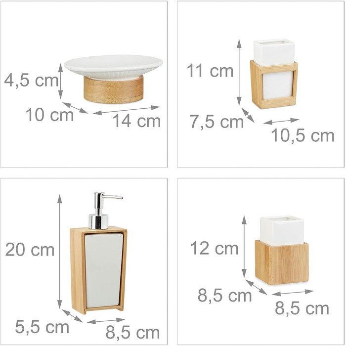 Набір для ванної кімнати Relaxdays: 4 предмети (кераміка, бамбук), дозатор мила, стакан для зубної щітки, натуральний колір, 10 x 14 x 20 см