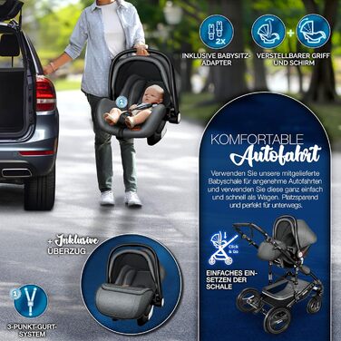 Дитяча коляска 3 в 1 KIDUKU® XXL Комплект | Комбінована коляска з люлькою, прогулянковим блоком та автокріслом | З повним набором аксесуарів (футляр, сумка для підгузків, підставка для чашки, дощовик) | Надувні колеса, ECE R129 (Антрацит / Чорний)