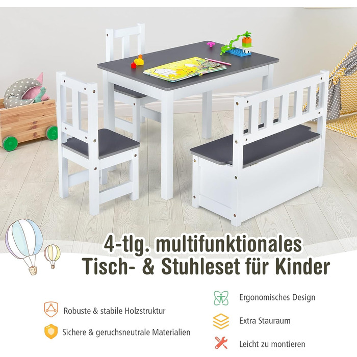Дитяча меблева група COSTWAY з місцем для зберігання: стіл для малювання та 2 стільці, лавка, FSC-сертифіковане дерево, для дітей від 3 років (сірий)