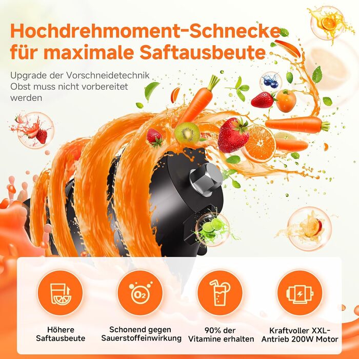 AOBOSI Повільнодіючий соковитискач з великою завантажувальною воронкою 135 мм, 200 Вт, холодний віджим, зворотний хід, потрійний фільтр, BPA-free, тихий, для свіжих соків з фруктів та овочів, чорний
