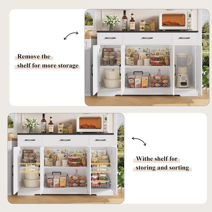 Сервант HOCSOK 140 см: кухонний буфет з 3 висувними ящиками, 4 дверцятами та 2 регульованими полицями, білий та коричневий