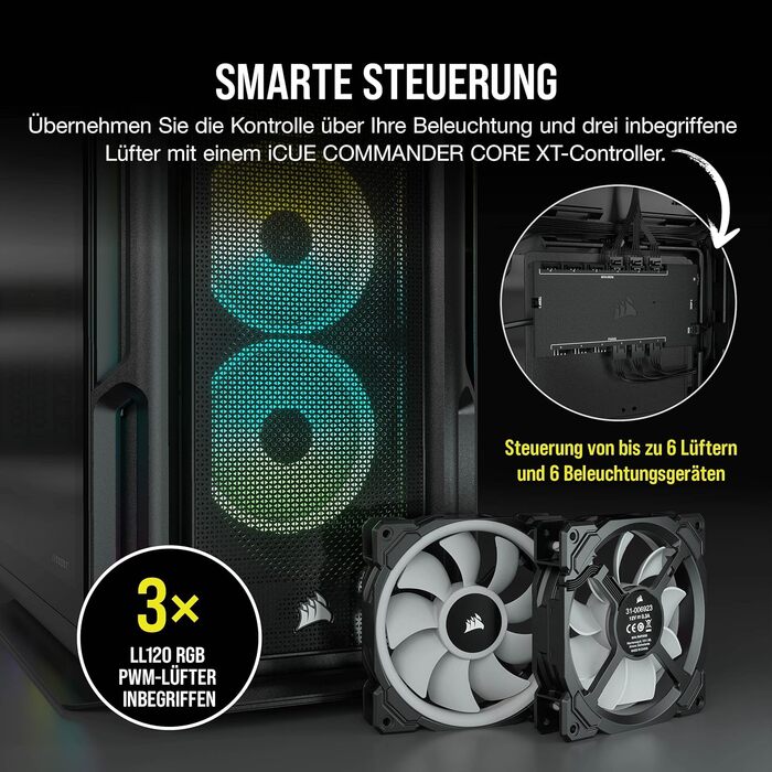 Корпус для ПК Corsair iCUE 5000T RGB, середній ATX, 208 адресованих RGB-LED, підтримка кількох 360-мм радіаторів, 3 вентилятори LL120 RGB, контролер COMMANDER CORE XT, чорний