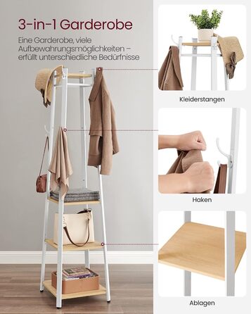 Стійка для одягу VASAGLE з 8 гачками, 4 полицями та вішалкою, металевий каркас, для шалей, курток, сумок, для прихожого, золотий дуб + білий, LCR080W09