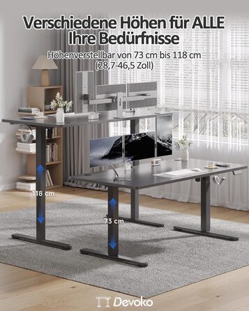 Електричний регульований стіл Devoko 120x60 см, стабільний офісний стіл, стіл для стояння та сидіння, комп'ютерний стіл з функцією пам'яті (чорний)