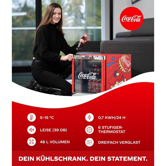Міні-холодильник для напоїв °CUBES Original Coca-Cola PopArt червоний (48л) з glass-дверцяма, енергоефективний та безшумний — для офісу, геймінгу та вечірок