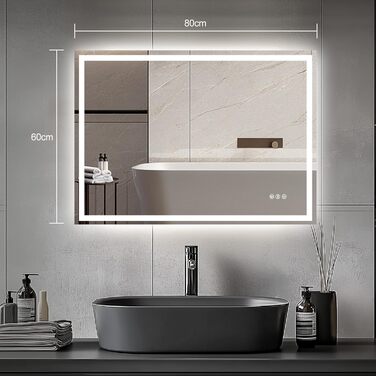 Дзеркало для ванної кімнати зі світлодіодним підсвічуванням 50x70 см, дзеркало з сенсорним вимикачем, Bluetooth (80x60 см)