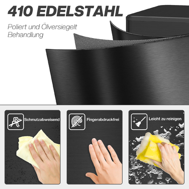 Сміттєвий бак 20л, з плавним закриттям кришки, відділенням для дезодоранту, захистом від відбитків пальців, нержавіюча сталь, чорний