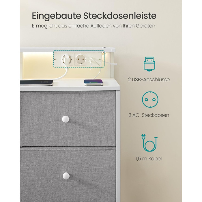 SONGMICS Комод з 9 висувними ящиками та LED-підсвічуванням, з розеткою, сталевий каркас, 33,5 x 114 x 84 см, для спальні/вітальні (Таунгrau)