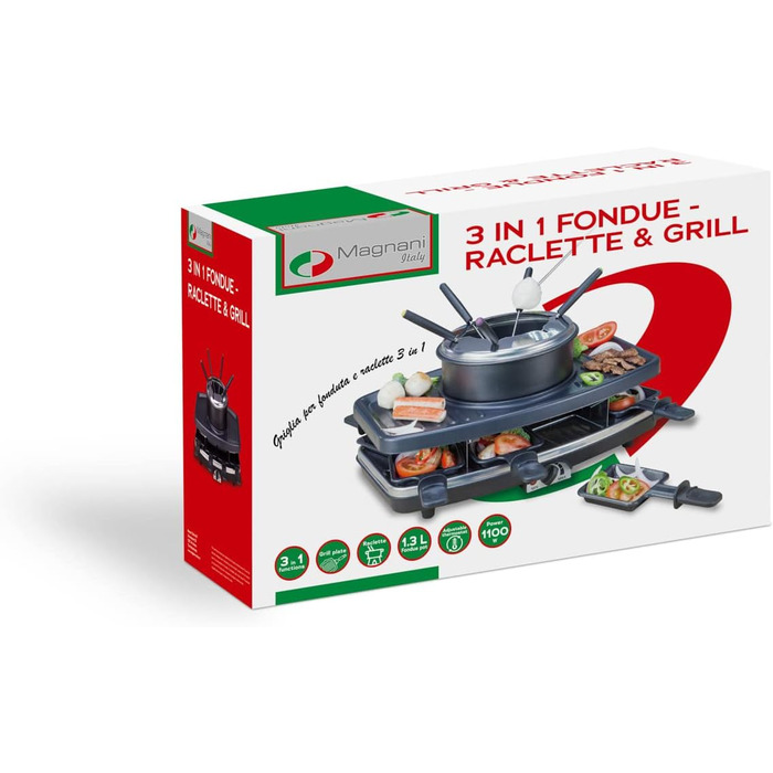 Набір для раклет, фондю та гриль MAGNANI 3 в 1 на 8 осіб з регулюванням температури, виделки та сковорідки, 1100W, антипригарне покриття