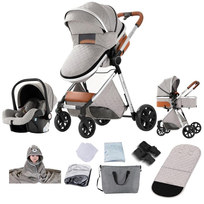 Дитячий візок 3 в 1 Kinderwagen V9 Light Grey: універсальний, алюмінієвий, з реверсивним блоком