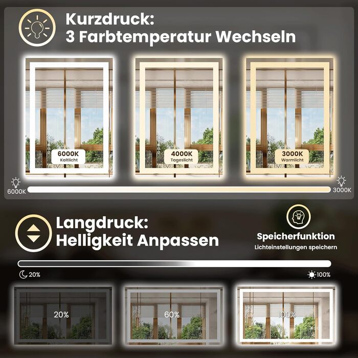 LED дзеркало для ванної кімнати 60x80 см з підсвічуванням, сенсорне, регульоване, 3 кольори світла, антизапар, IP44, вертикальна/горизонтальна установка