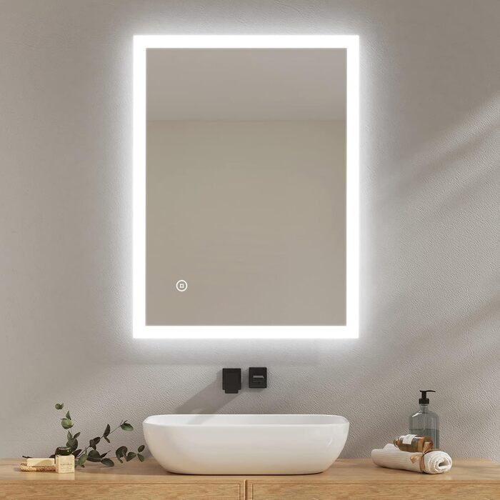 LED дзеркало для ванної кімнати EMKE 80x60 см з підсвічуванням, холодним білим світлом, сенсорним вимикачем, IP44, енергозберігаюче