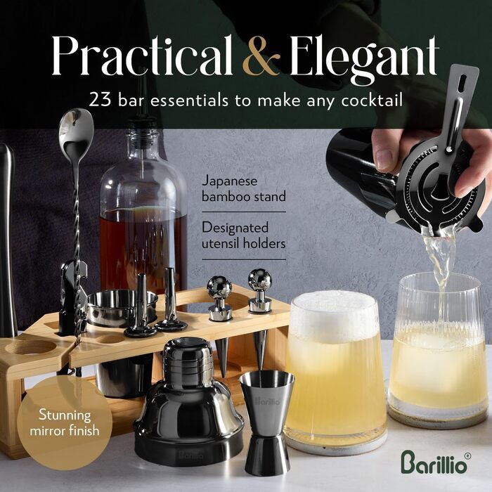 Набір шейкерів Barillio Elite Cocktail Set 23 шт. з бамбуковою підставкою, чорний