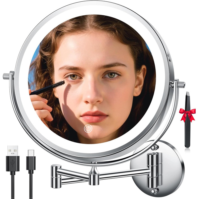 Дзеркало для макіяжу Auxmir з підсвічуванням, перезаряджуване, 3200mAh, для гоління, настінне, з регулюванням яскравості, 3 кольори світла, 360° обертання, для ванної кімнати (срібний, 30X, 10 дюймів)
