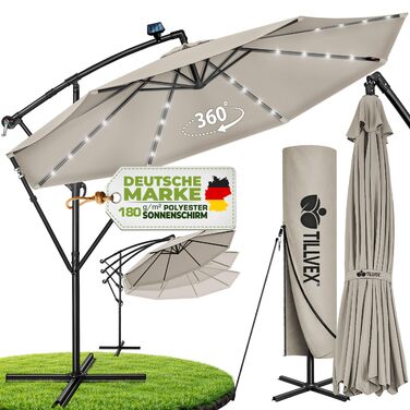 Садова парасолька Tillvex Alu Ampelschirm з LED-освітленням на сонячній батареї, 350 см, колір тауп — Алюмінієвий зонт від сонця з рукояткою, захистом від UV та вітру, включаючи чохол та стійку
