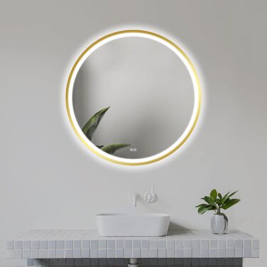 Дзеркало для ванної кімнати Home Glow LED кругле 80 см з підсвічуванням, антизапарюванням, сенсорним вимикачем та металевим каркасом, золото