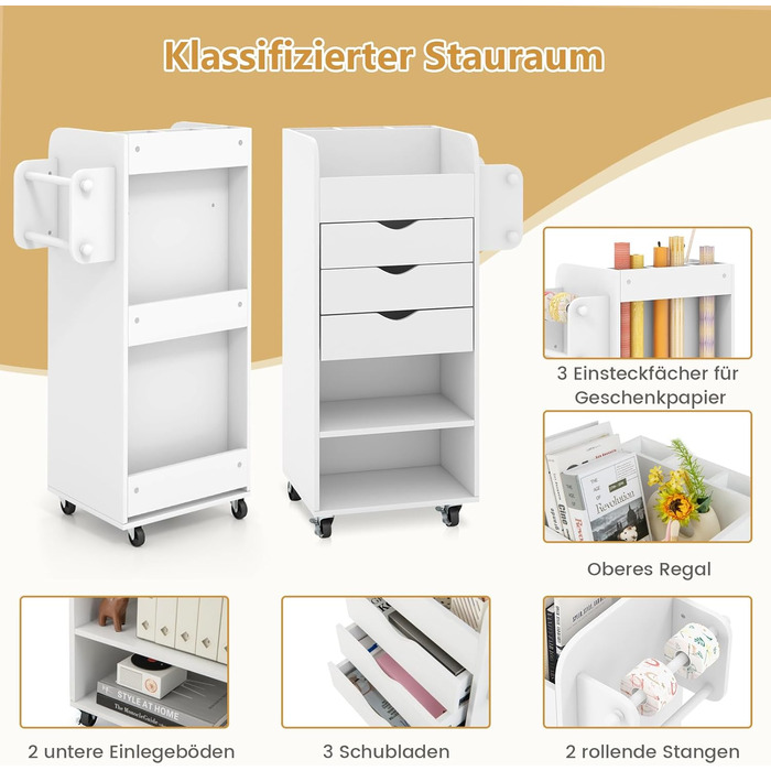 Роликовий контейнер COSTWAY з 3 висувними ящиками, робочий візок з 2 ручками та 3 полицями, дерев'яний шафка на колесах, багатофункціональний візок для офісу/кабінету (білий)